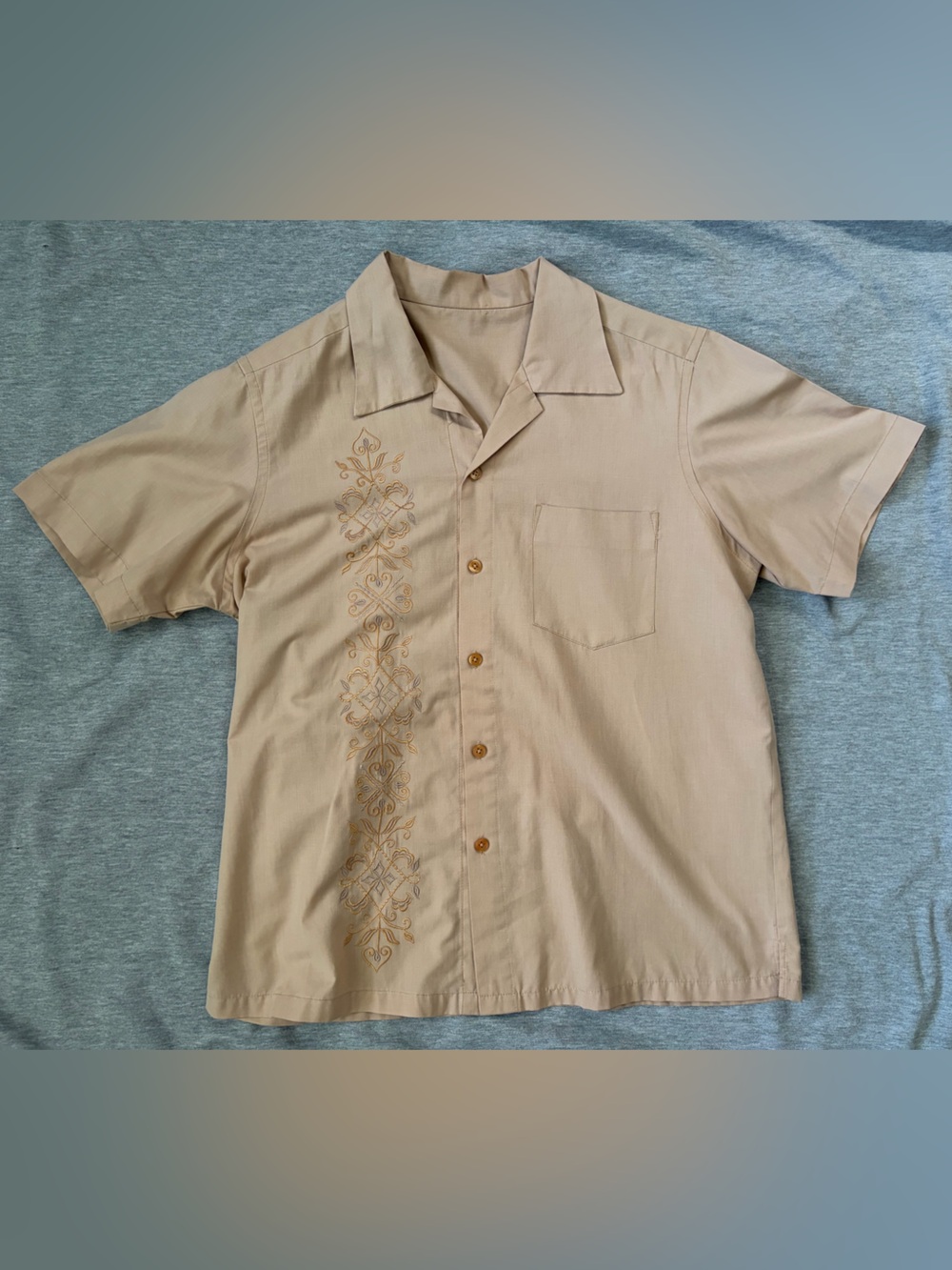 Men's Short-Sleeve Embroidered Camp Shirt - Beige